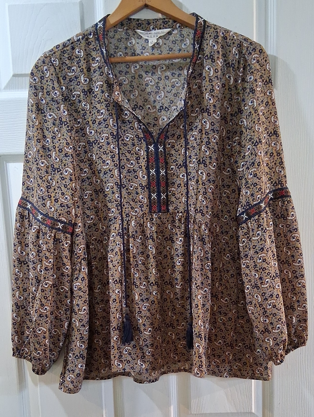 Relaxed Boho Tunic Top in Tan with Navy Trim